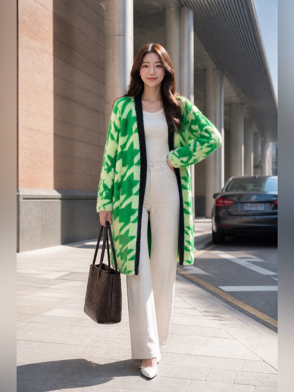 Rehab Lab Women’s Big Houndstooth Fluffy Open Cardigan Green Size M NWOT